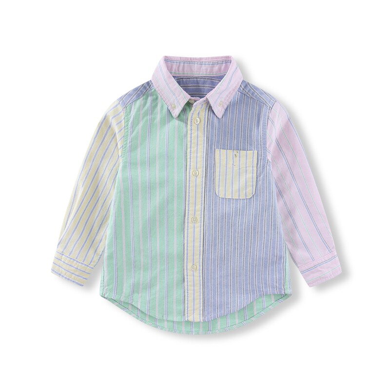 RL079男女童撞色牛津纺纯棉条纹休闲春秋新款衬衫翻领长袖彩色