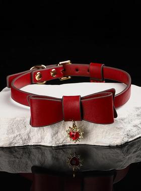 Puppy真皮蝴蝶结宝石吊坠项圈choker女m颈饰牵引链k9脖圈刻字定制