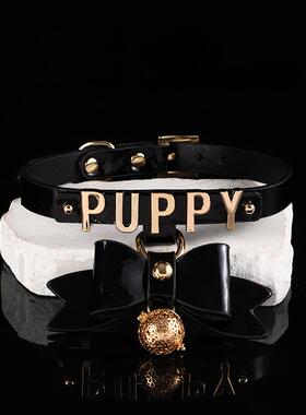 Puppy发光铃铛牛皮项圈choker女m粉色蝴蝶结宫铃颈带饰品定制刻字