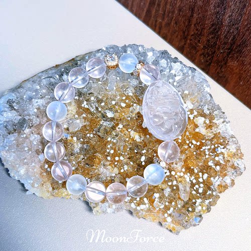 【桃缘葫狐】天然莫桑比克粉水晶九尾狐雕刻冰橘马粉圆珠手串手链