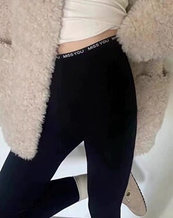 蛋白绒云朵裤女冬季韩版英文刺绣高腰无缝外穿保暖磨毛打底裤8088