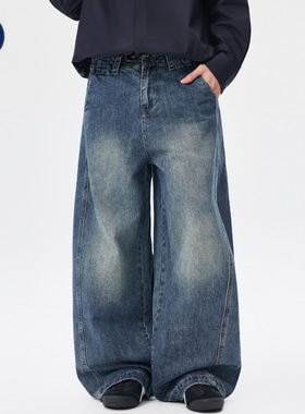 沐丘男装∣美式复古爆裂纹扎花水洗弯刀牛仔裤男女宽松阔腿长裤子