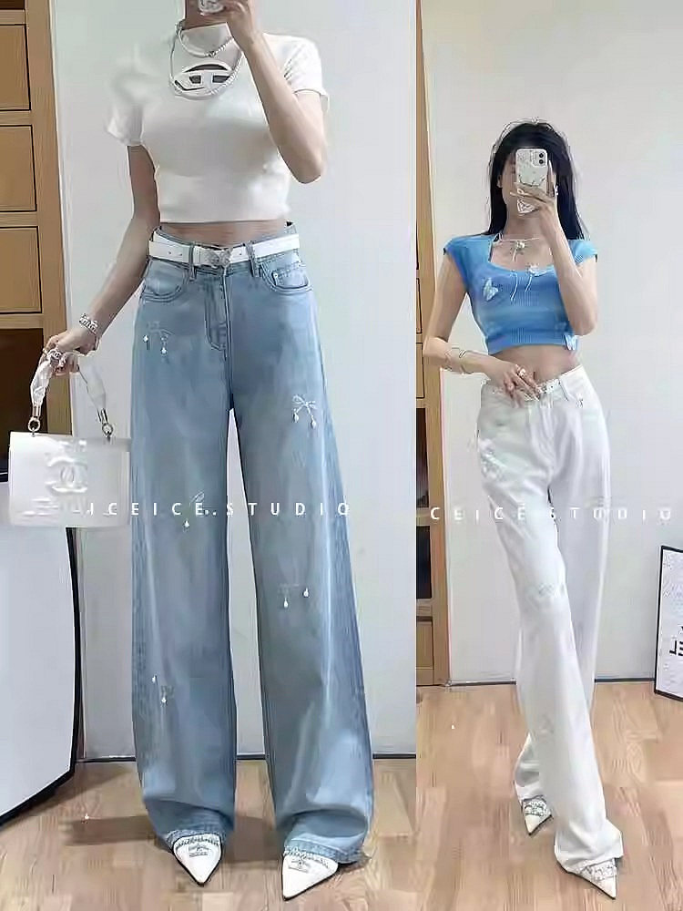 浅蓝怀旧洗水窄版阔腿牛仔裤女2024夏季薄料显瘦直筒裤垂感拖地裤