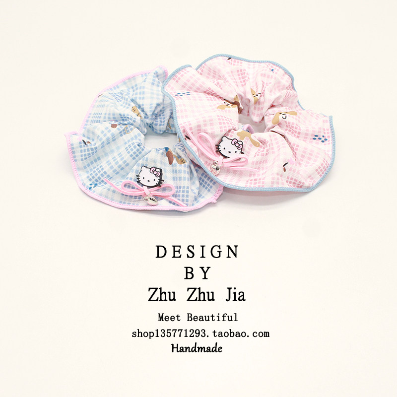 ZHUZHUJIA小清新格子KT猫大肠发圈日韩少女甜美可爱头绳马尾发饰图片