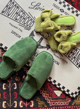 livingbank毛茸茸可爱蝴蝶结拖鞋中古绿家居情侣拖鞋黑白简约棉拖