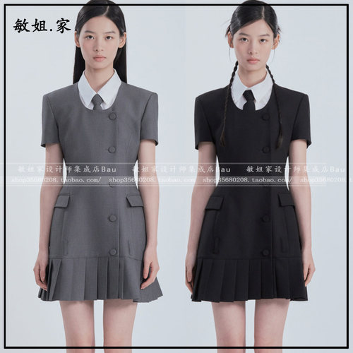 敏姐26夏韩国设计师品牌mausoleum新款7月侧排扣U领褶皱连衣裙