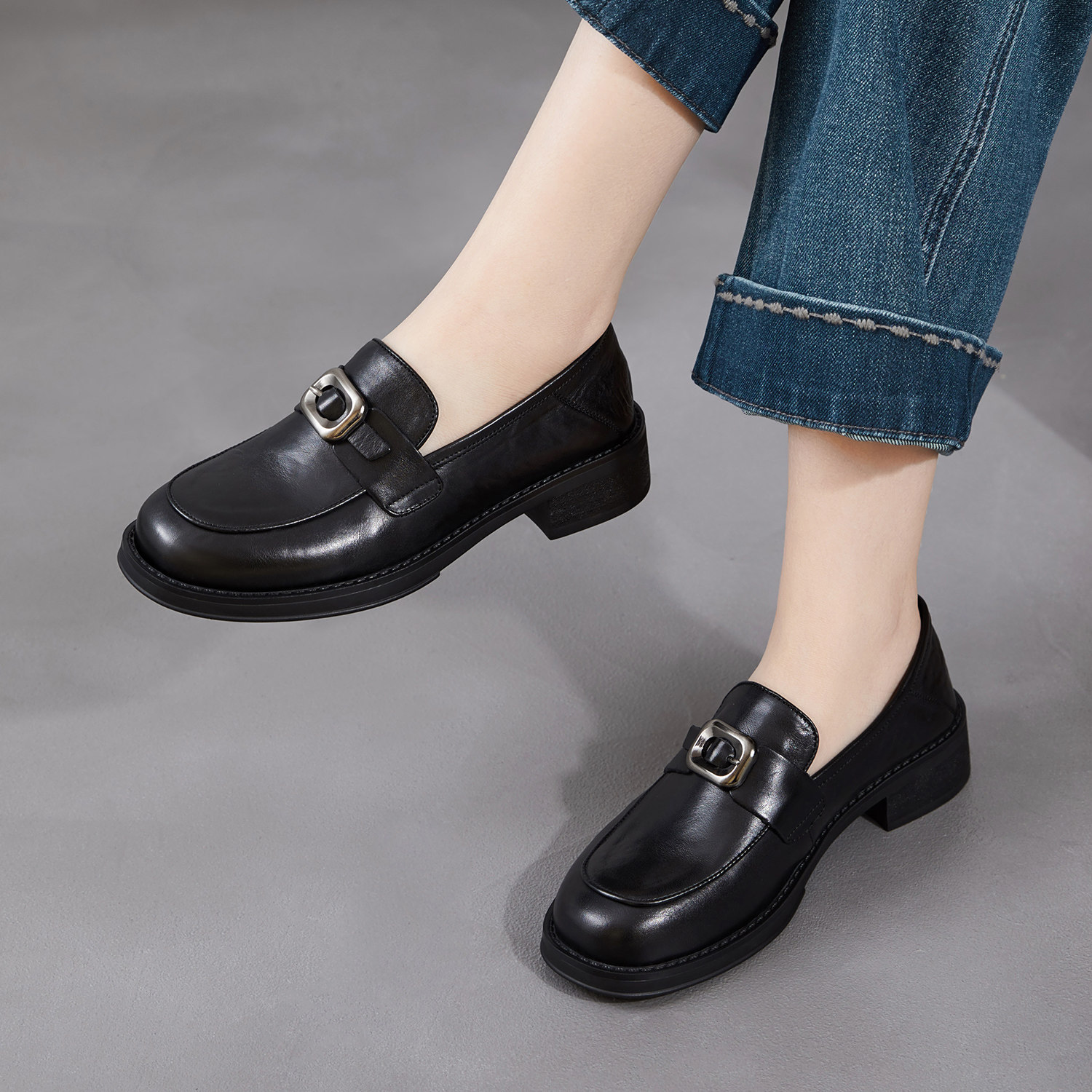 中跟真皮复古小皮鞋皮带扣粗跟英伦风头层牛皮百搭2026春秋乐福鞋,女鞋,乐福鞋（豆豆鞋）,淘宝优惠券,粉丝福利购,淘宝优惠卷