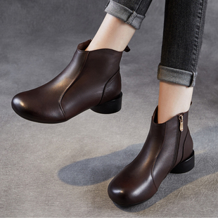 真皮妈妈鞋头层牛皮舒服短靴中跟粗跟复古简约舒适秋单靴咖色靴子