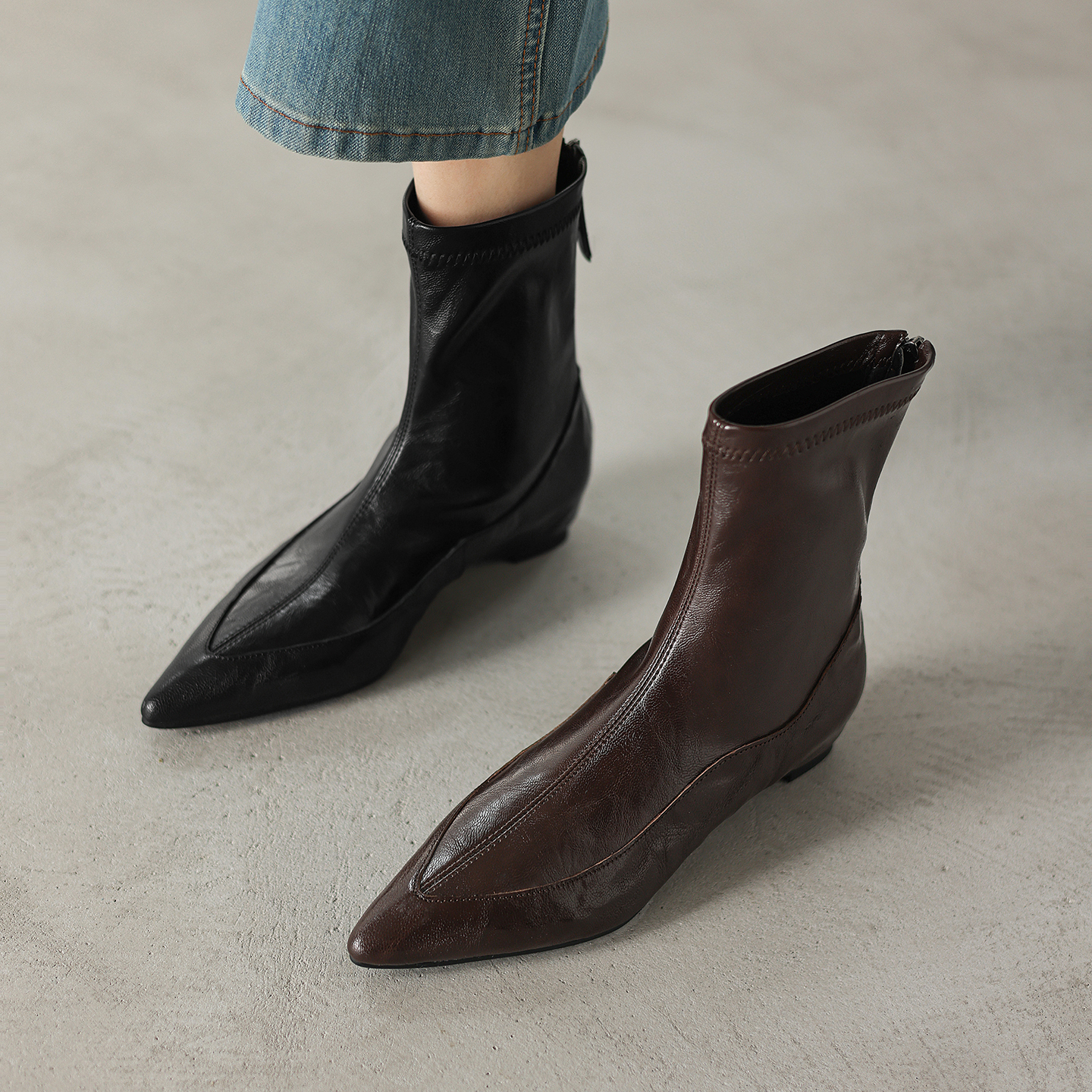 尖头短靴真皮内增高后拉链瘦瘦靴