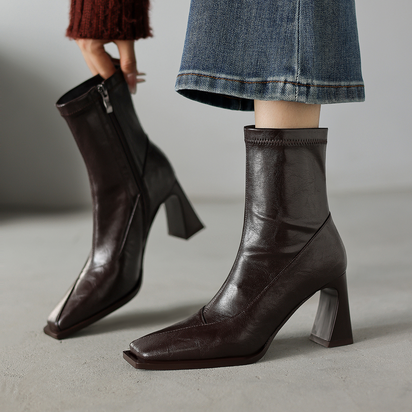 高跟侧拉链弹力瘦瘦靴女小众百搭