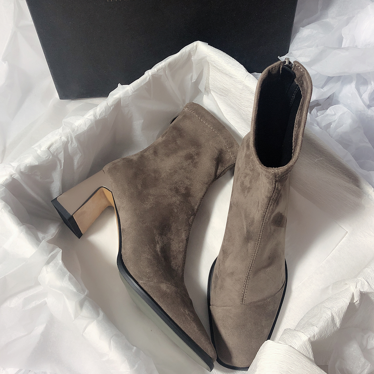 气质粗跟后拉链方头弹力瘦瘦靴女