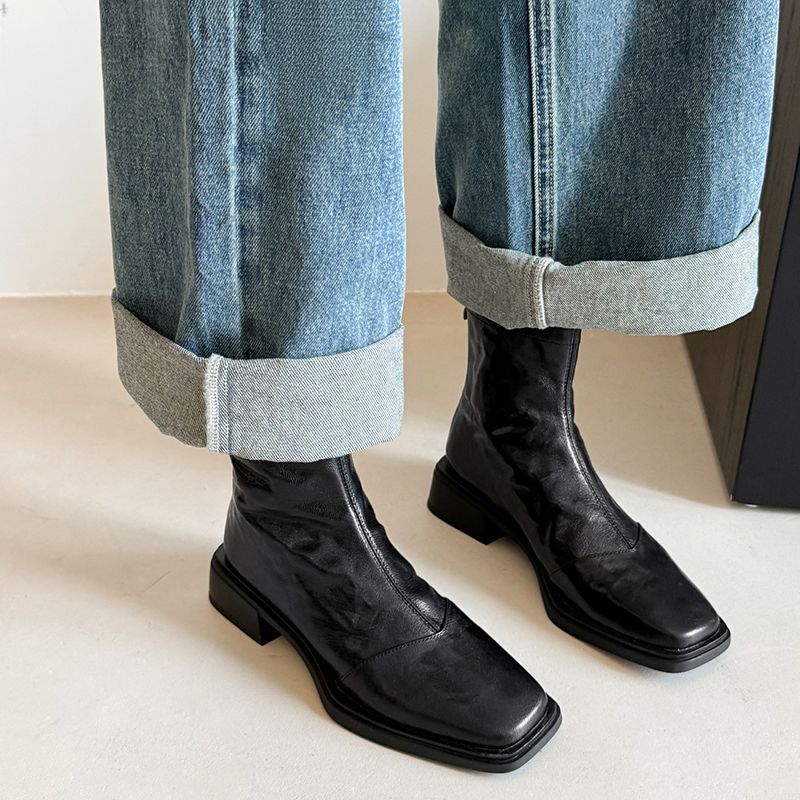 真皮方头复古褶皱后拉链马丁靴女