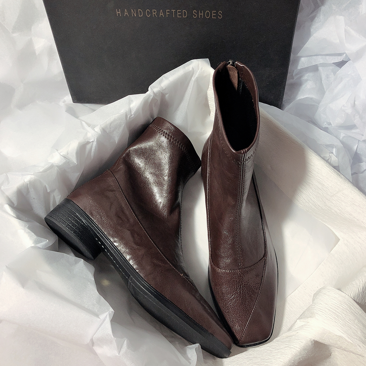 舒适低跟后拉链通勤显瘦真皮短靴