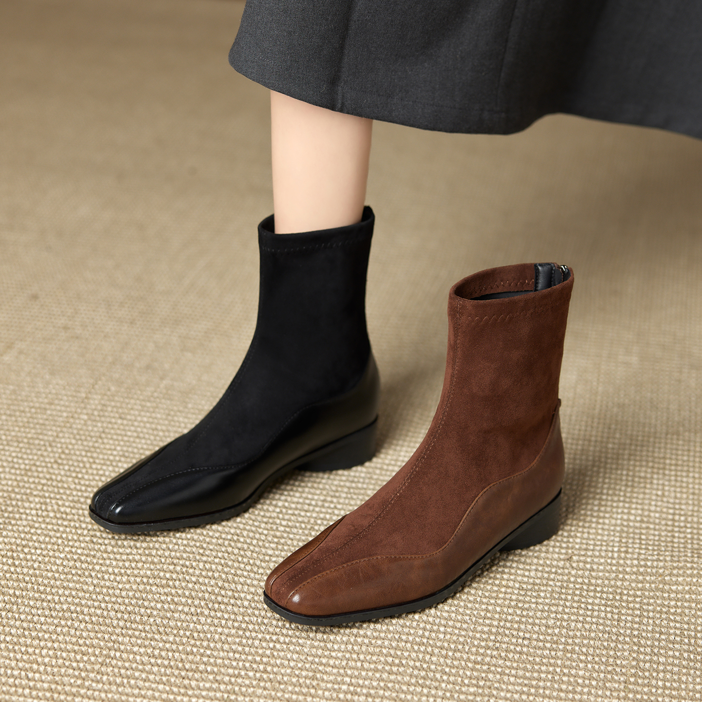 美拉德风后拉链瘦瘦靴低跟短靴女