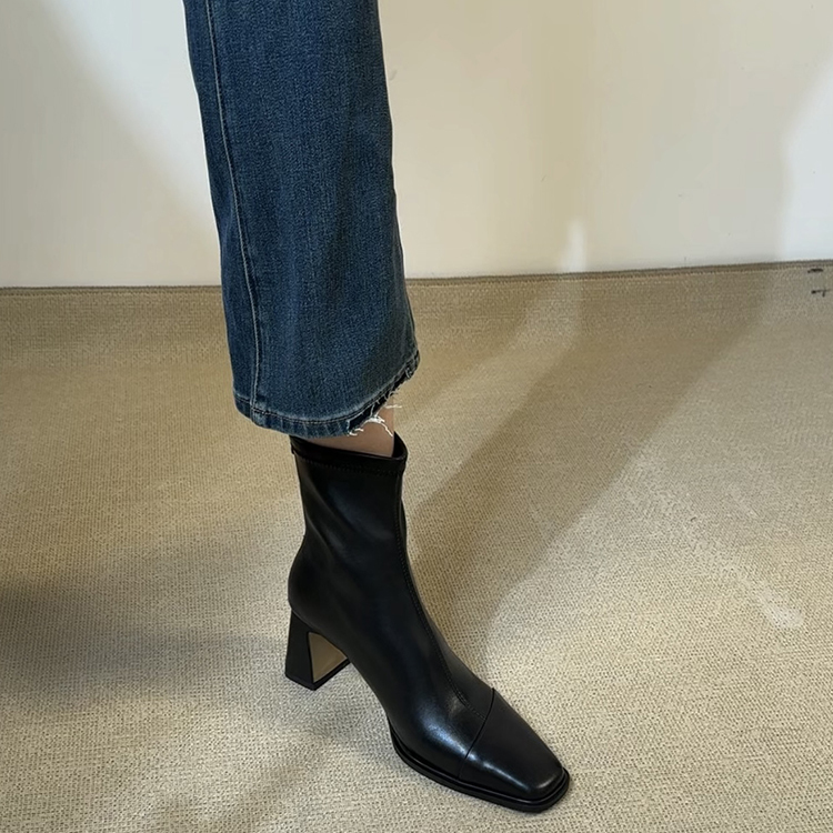 法式方头粗跟短靴女瘦瘦靴时装靴