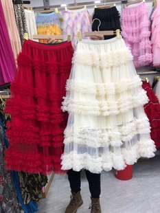 韩国高端重工花边蛋糕纱裙长裙子 甜美风高腰A字木耳边网纱半身裙