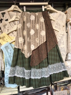 日系设计感波西米亚半身裙女度假风文艺拼接格子裙a子中长裙子春