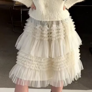 气质少女感抽褶网纱蛋糕裙 小个子温柔风荷叶边蓬蓬半身裙A字中裙