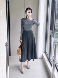 气质通勤八片拼接针织毛呢半身裙a字伞裙女秋冬复古灰色鱼尾长裙
