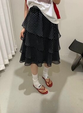 不规则荷叶边波点半身裙女中长裙