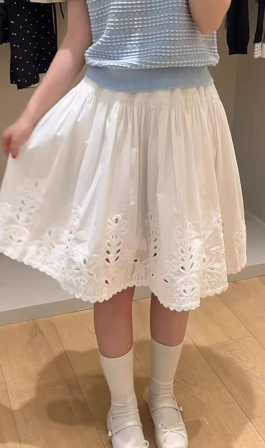 白色蓬蓬半身裙女2026春夏新款高腰蛋糕裙拼接提花棉质A字中裙子