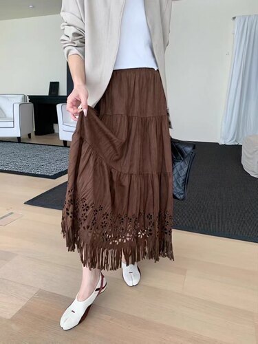 镂空钩花流苏仿麂皮绒蛋糕长裙