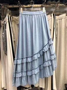 淡蓝色荷叶边拼接牛仔半身裙女早春新款中长款不规则a字大摆伞裙