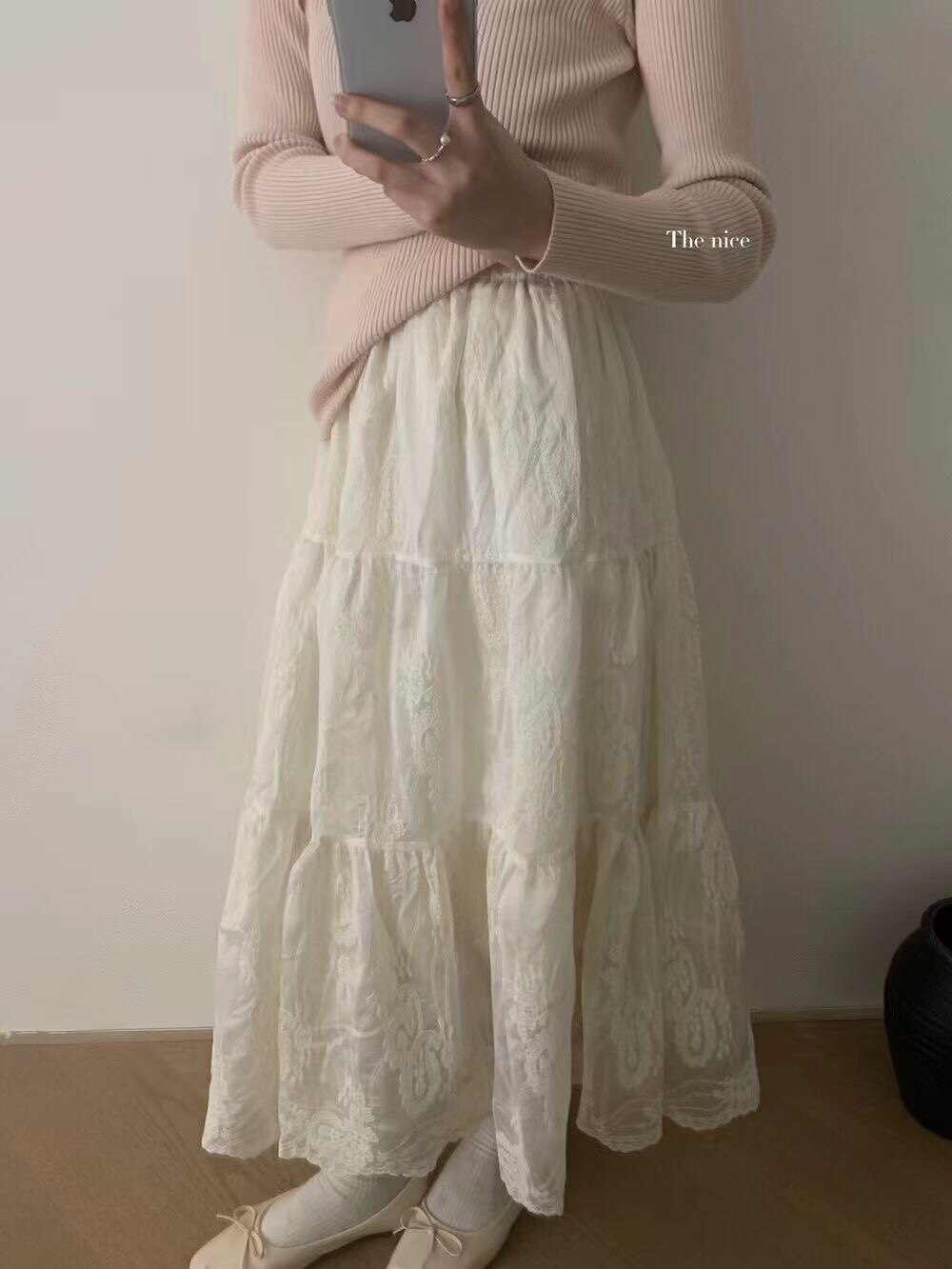 重工提花刺绣高腰A字中长款杏色半身裙女绝美蓬蓬气质伞裙中长裙