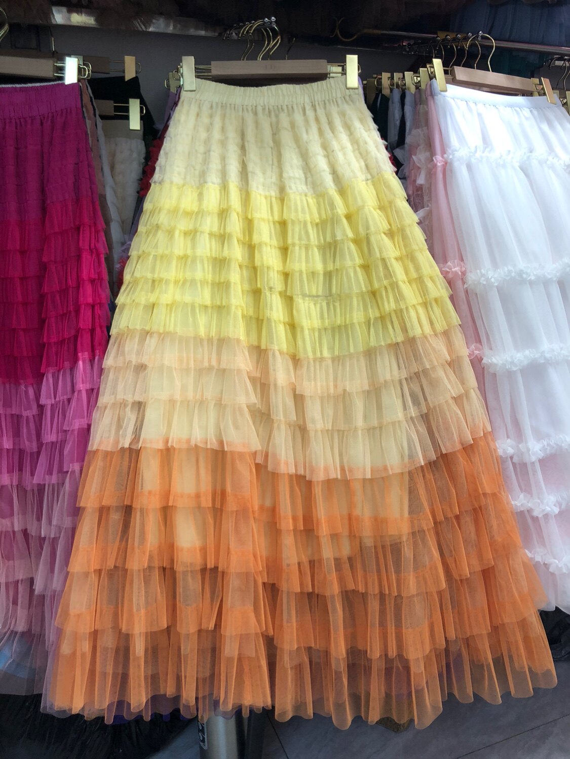 小众层层重工荷叶边网纱半身裙女洋气淑女超仙渐变色蛋糕纱裙长裙