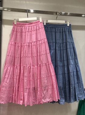 别致白色棉质刺绣蕾丝镂空半身裙秋季法式超仙拼接长款大摆伞裙子