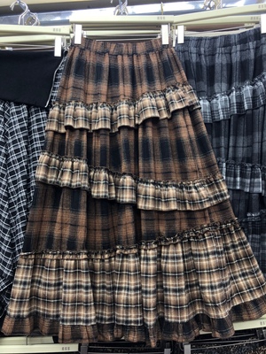 格子大摆层蛋糕伞裙a字半身长裙