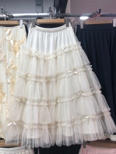 甜美少女风蝴蝶结网纱蓬蓬半身裙女秋季a字大摆层层蛋糕纱裙长裙