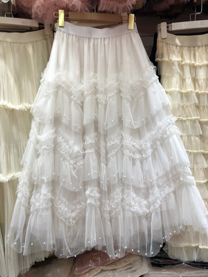 甜美风钉珠木耳边网纱半身裙长裙