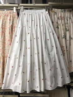 小个子a字百褶裙中长款 刺绣碎花白色半身裙女夏季 高腰大摆裙伞裙