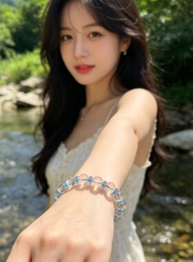 原创设计白开水晶海蓝宝琉璃手链女款单圈简约风格清新简约百搭