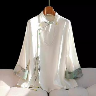 设计复古斜襟盘扣提花上衣 女2024春装 国潮风新中式 醋酸缎衬衫