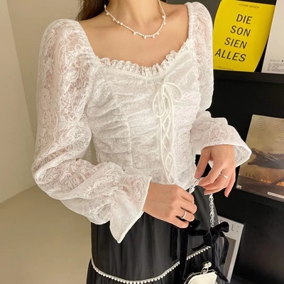广州APM YOOMINI春秋长袖蕾丝上衣衬衫