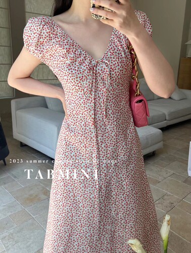 TABMINI领修身收腰碎花连衣裙长裙