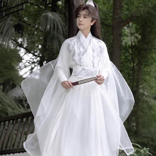 汉服男装白色双层飘袖套装