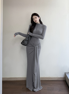 伊莉雅纯欲风灰色莫代尔长袖连衣裙女 绑带设计感包臀长裙XS25325