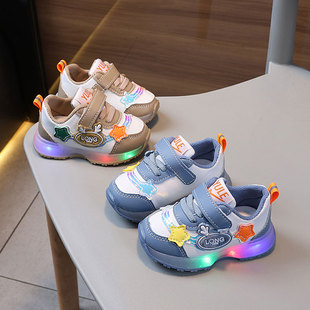 亮灯男童运动鞋防滑皮面男宝宝鞋子1-3岁0女童软底婴儿学步鞋小童