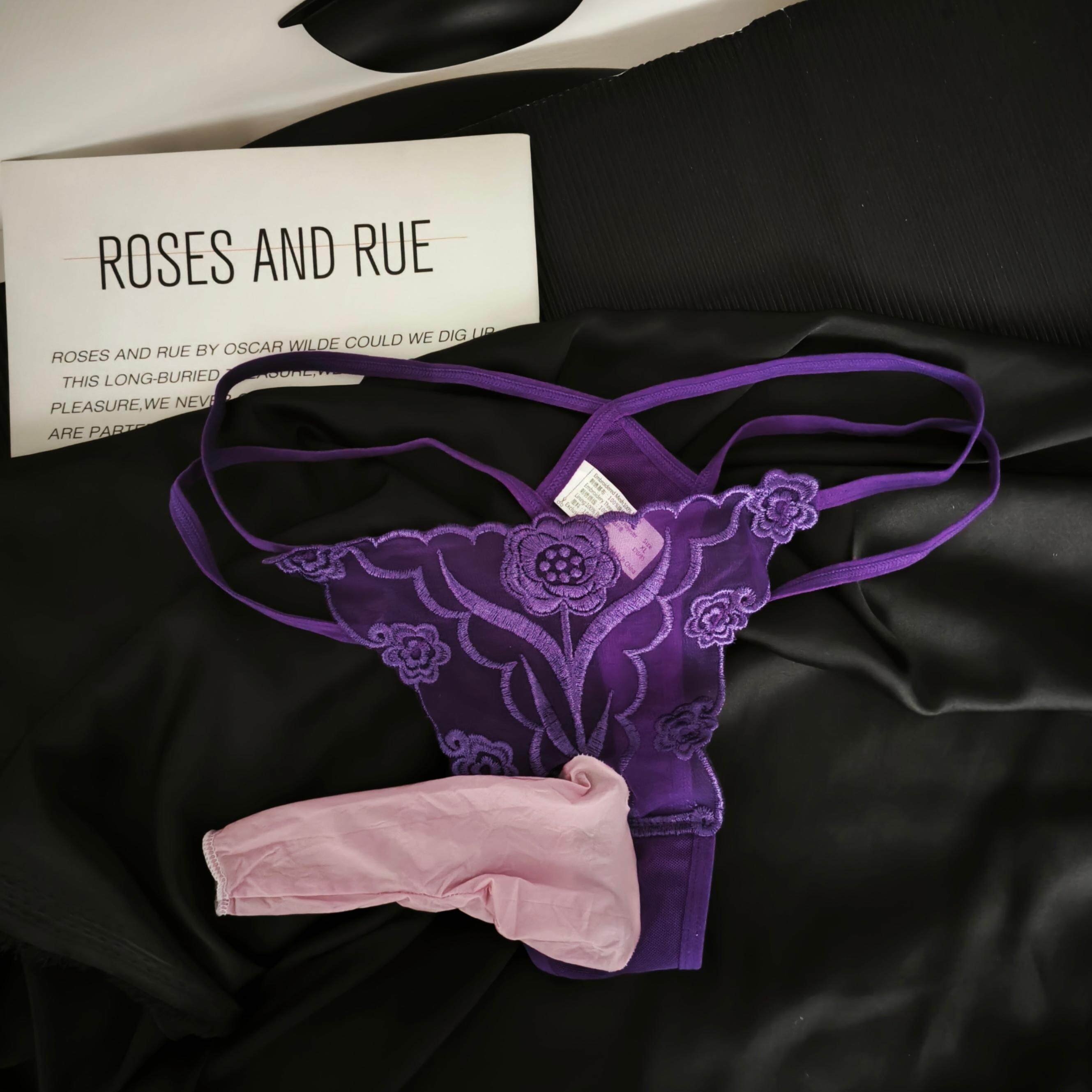 【男士中式性感风】重工刺绣花朵网纱透明枪弹套性感火辣丁字内裤