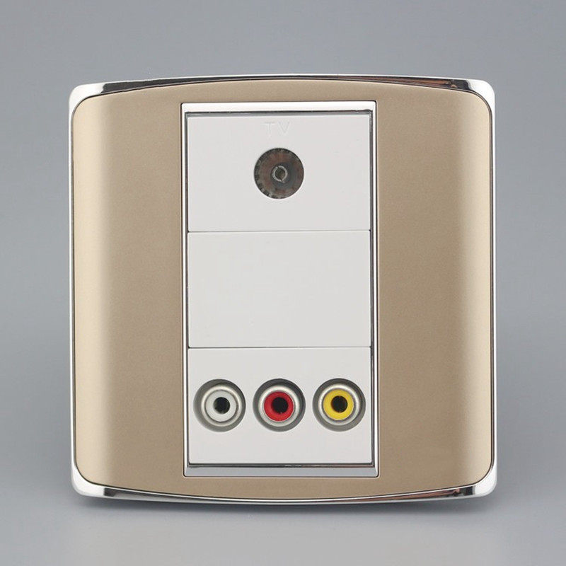 香槟色86型红黄白AV三孔音视频免焊接线+TV有线电视墙壁插座面板