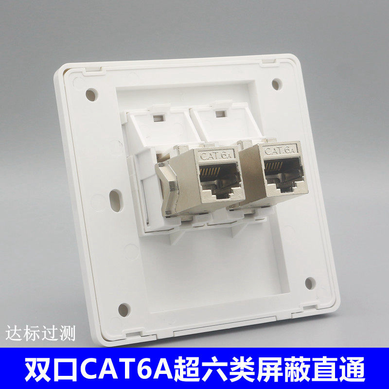 86型双口屏蔽超六类直通网络插座2个CAT6A千兆网线宽带连接器面板