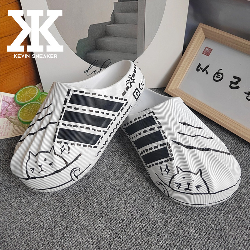 adidas线条平底包头拖鞋