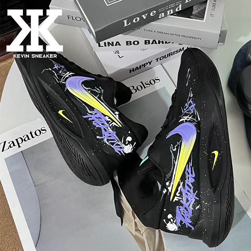球鞋定制Nike耐克Precision6紫焰星芒满天星涂鸦泼墨低帮篮球鞋