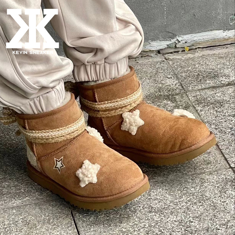 球鞋定制UGGCLASSICMINI毛绒小熊五角星短筒女栗色秋冬雪地靴