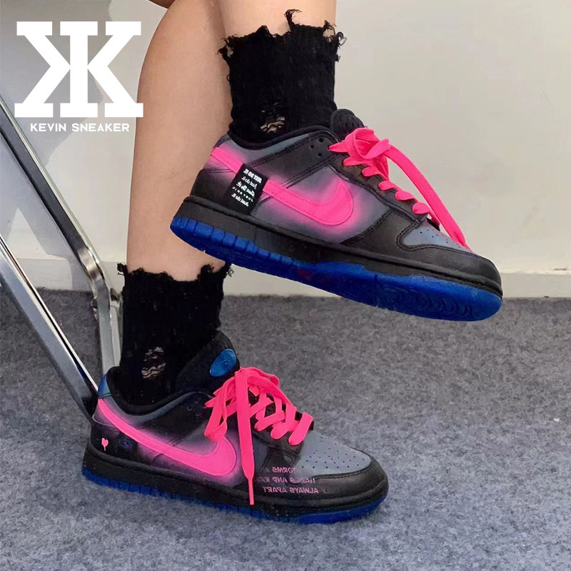 球鞋定制NikeDunkLow莓刻午夜霓虹赛博朋克甜酷辣妹低女粉黑板鞋