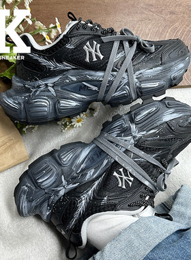 球鞋定制MLB纽约洋基队骤然之息羽毛蝴蝶泼墨低帮老爹鞋