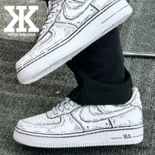 球鞋定制Nike AirForce1二次元系列凌乱线条撕漫风低帮黑色男板鞋